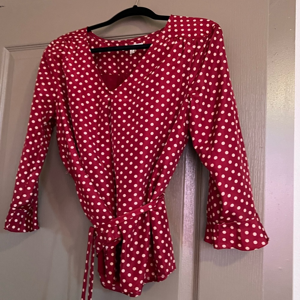 Crimson blouse with khaki polka dots, PM, Skies Are Blue